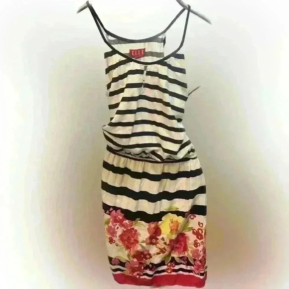 Elle Spring Tie Waist Dress Stripes and Floral Print Size Large - Picture 3 of 6